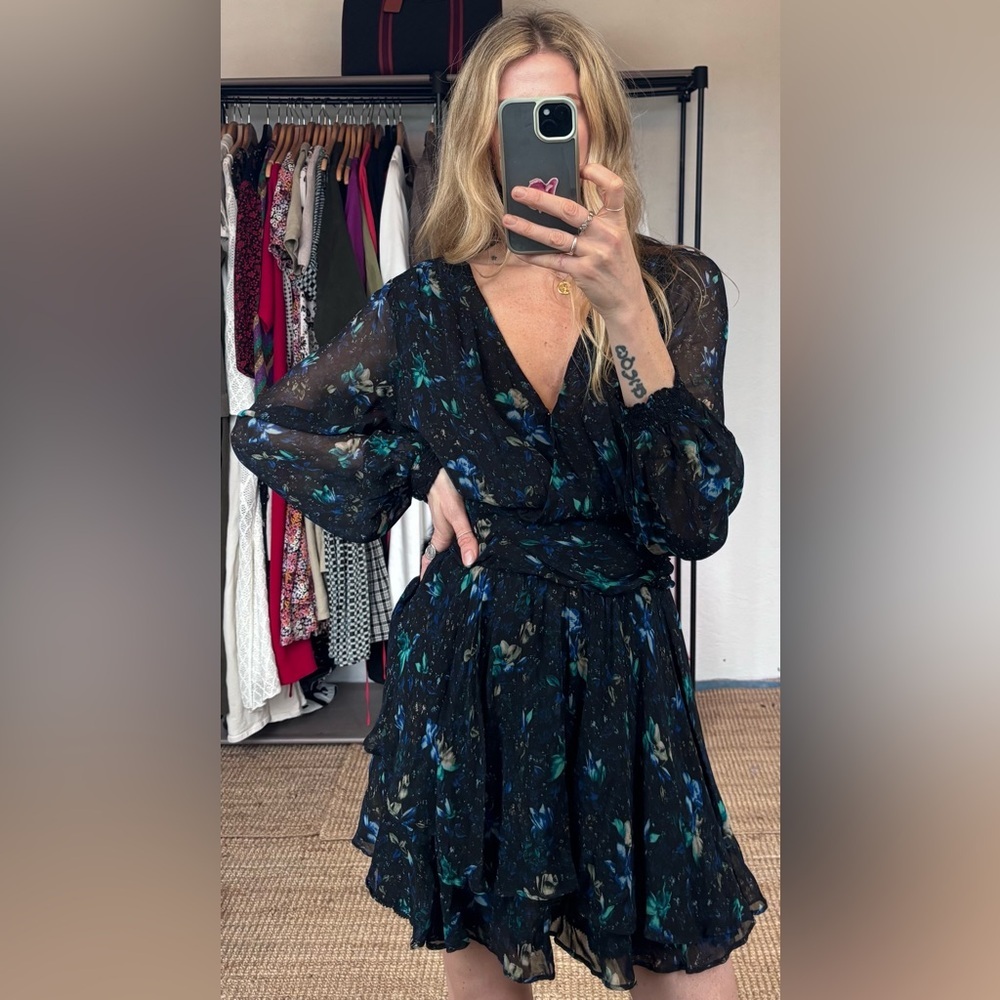 Anthropologie Blue Floral Long Sleeve V Neck Ruched Flowy Mini Boho Dress - Picture 4 of 14